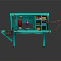 Green Workbench With Desk Lamp Red Container Purple Object Drawers And Shelves