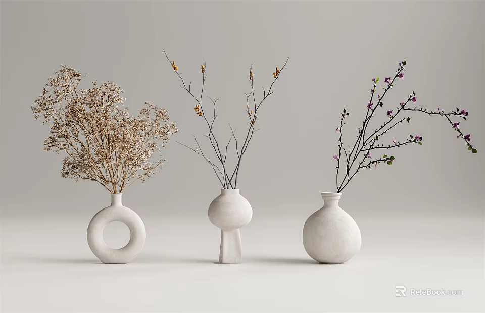 White Vases In Various Shapes With Dried Flowers And Branches For Minimalist Decor 3d model 