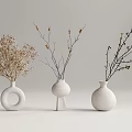 White Vases In Various Shapes With Dried Flowers And Branches For Minimalist Decor