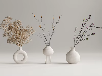 White Vases In Various Shapes With Dried Flowers And Branches For Minimalist Decor 3d model