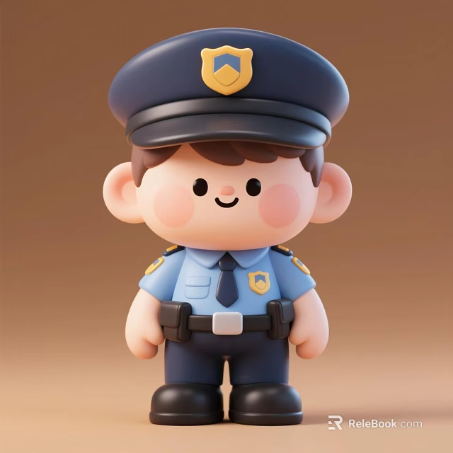 Cute Cartoon Police Doll In Blue Uniform With Hat And Badge 3d model 