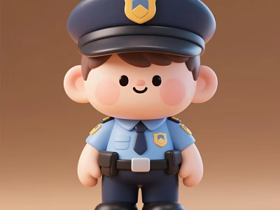 Cute Cartoon Police Doll In Blue Uniform With Hat And Badge 3d model