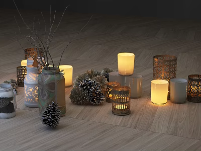 Decorative Lights With Lantern Style Glass Jar Lit Candles Pinecones Dried Branches On Wooden Floor 3d model