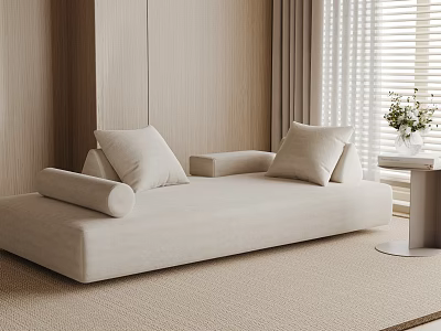 Beige Two Seater Sofa In Cozy Interior With Wooden Walls Curtains And Side Table 3d model