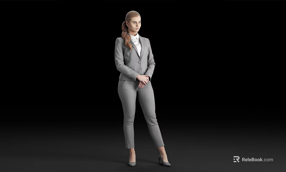 Professional Woman in Gray Suit With White Shirt and Ponytail Standing Against Black Background 3d model 