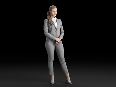 Professional Woman in Gray Suit With White Shirt and Ponytail Standing Against Black Background 3d model