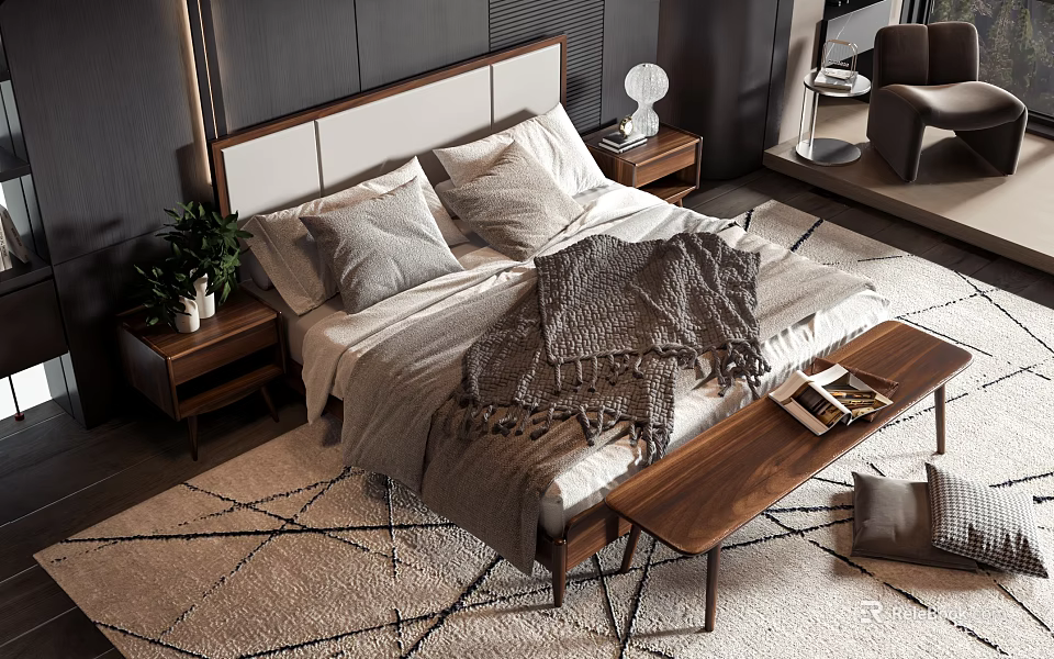 Modern Double Bed with Upholstered Headboard Nightstand Lamp Potted Plant Woven Blanket Geometric Rug 3d model 