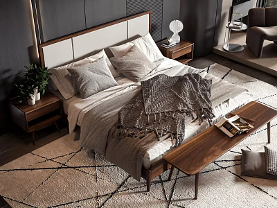 Modern Double Bed with Upholstered Headboard Nightstand Lamp Potted Plant Woven Blanket Geometric Rug 3d model
