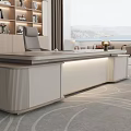 Modern Wooden Office Desk With Ergonomic Chair Laptop And Bookshelf View