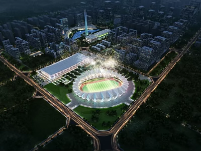 Illuminated City Stadium At Night With Surrounding Buildings Roads And Green Areas 3d model