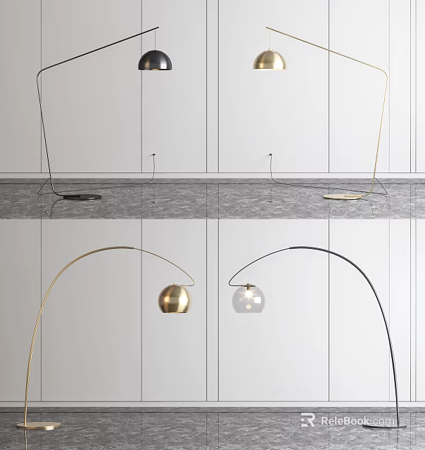 Stylish Modern Floor Lamps With Arched Metal Frames And Spherical Shades 3d model 