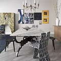 Modern Dining Table Set With Marble Top Wooden Metal Base And Geometric Pattern Chairs