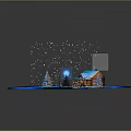 Cartoon Winter Scene With Log Cabin Snow Covered Roof Pine Trees Snowman Pathway Falling Snowflakes