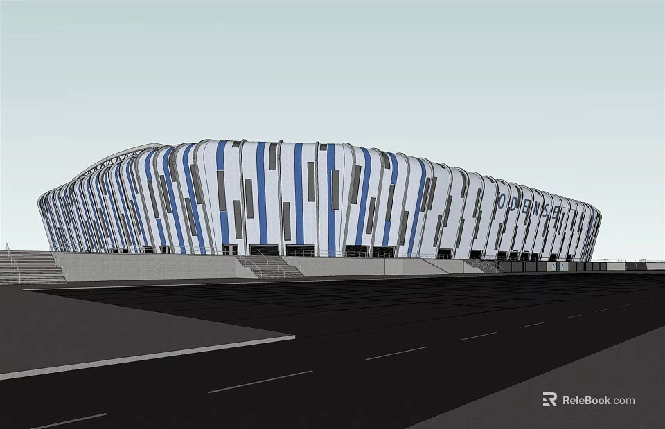 Modern Stadium Exterior Featuring Blue And White Striped Facade Design 3d model 