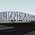 Modern Stadium Exterior Featuring Blue And White Striped Facade Design
