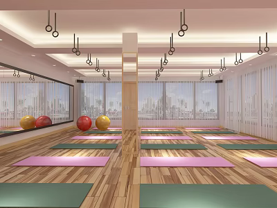 Spacious Yoga Fitness Studio With Colorful Yoga Mats Hanging Gymnastic Rings Large Windows Overlooking City View 3d model
