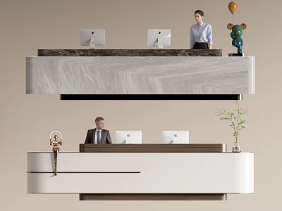 Elegant Reception Desk With Receptionist Computers Decorative Plant Green Statue Balloon And Golden Ornament 3d model