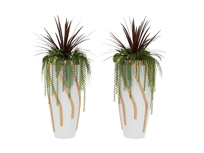 Bonsai Potted Plants In White Planters With Wooden Stripe Accents And Trailing Green Vines 3d model