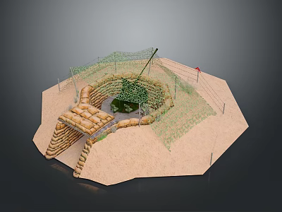 Military Weapon Positioned In Sandbag Bunker With Camouflage Net And Defensive Structures 3d model