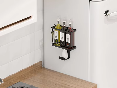 Black Wall Mounted Spice Rack With Condiment Bottles Kitchen White Tile Wall And Wooden Countertop 3d model