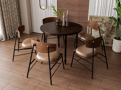 Round Wooden Dining Table And Brown Leather Chairs With Black Metal Legs In Modern Interior 3d model