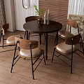 Round Wooden Dining Table And Brown Leather Chairs With Black Metal Legs In Modern Interior