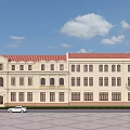 European Style Building Exterior with Cream Exterior Red Roof Clock Tower Front Lawn and White Car