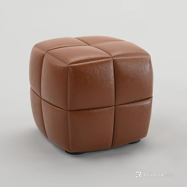 Brown Leather Square Sofa Stool With Stitched Design For Modern Living Space 3d model