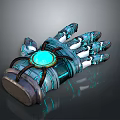 Innovative Living Accessory Mechanical Glove With Blue Glowing Center Metallic Texture And Tech Inspired Details