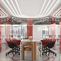 Modern Public Office Space With Red Curved Partitions Glass Walls And Open Layout