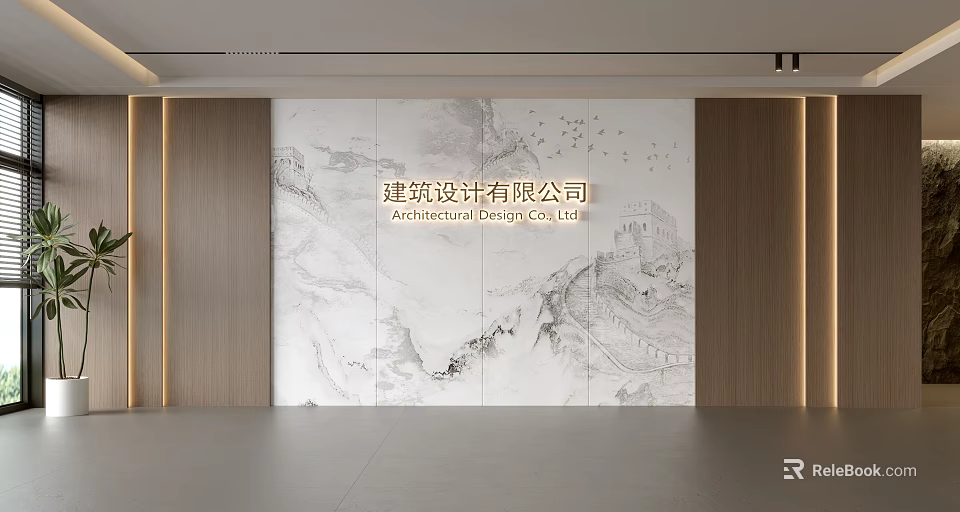 Modern Architectural Design Company Background Wall With Elegant Marble Landscape Pattern And Logo 3d model 
