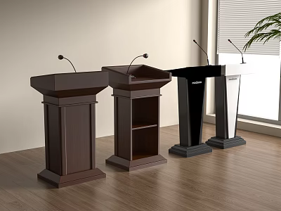 Different Design Podiums With Microphones In Modern Office Interior 3d model