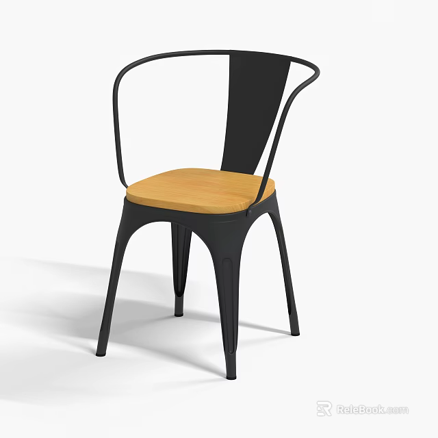 Modern Curved Backrest Leisure Chair With Black Metal Frame And Light Wooden Seat 3d model 