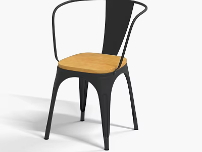 Modern Curved Backrest Leisure Chair With Black Metal Frame And Light Wooden Seat 3d model