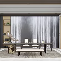 Modern Tea Room Interior With Long Table Chairs Waterfall Backdrop Wall And Display Shelves 3d model