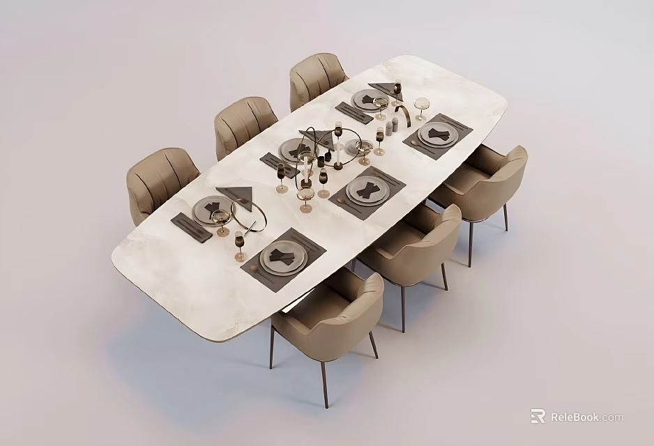 Modern Dining Table Set With Six Beige Chairs And Marble Top Decorations 3d model