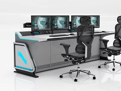 Modern Office Desk With Multiple Computer Monitors Black Ergonomic Chairs And Blue Accent Lines 3d model