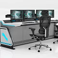 Modern Office Desk With Multiple Computer Monitors Black Ergonomic Chairs And Blue Accent Lines