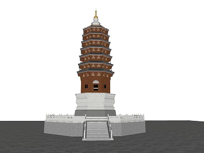 Multi Tiered Red And White Traditional Chinese Pagoda With Stone Base Steps And Golden Spire 3d model