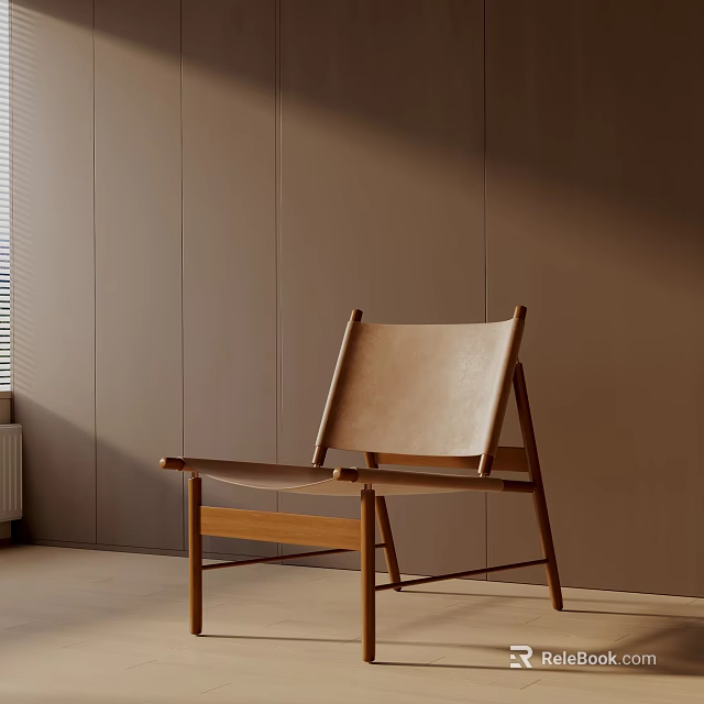 Modern Minimalist Brown Leather Accent Chair with Wooden Frame in Brown Wall Setting Natural Light 3d model 