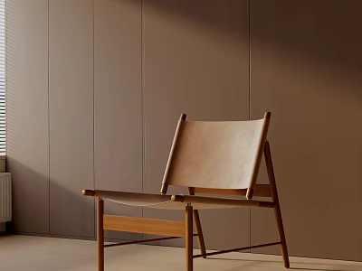 Modern Minimalist Brown Leather Accent Chair with Wooden Frame in Brown Wall Setting Natural Light 3d model