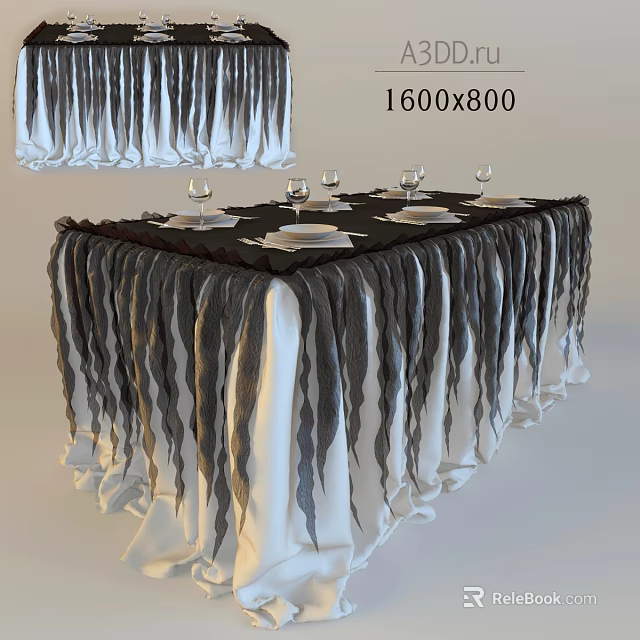 Dining Table Setup with Black Fringed Tablecloth White Plates and Wine Glasses 3d model
