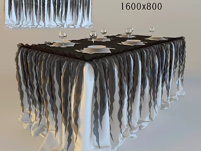 Dining Table Setup with Black Fringed Tablecloth White Plates and Wine Glasses 3d model