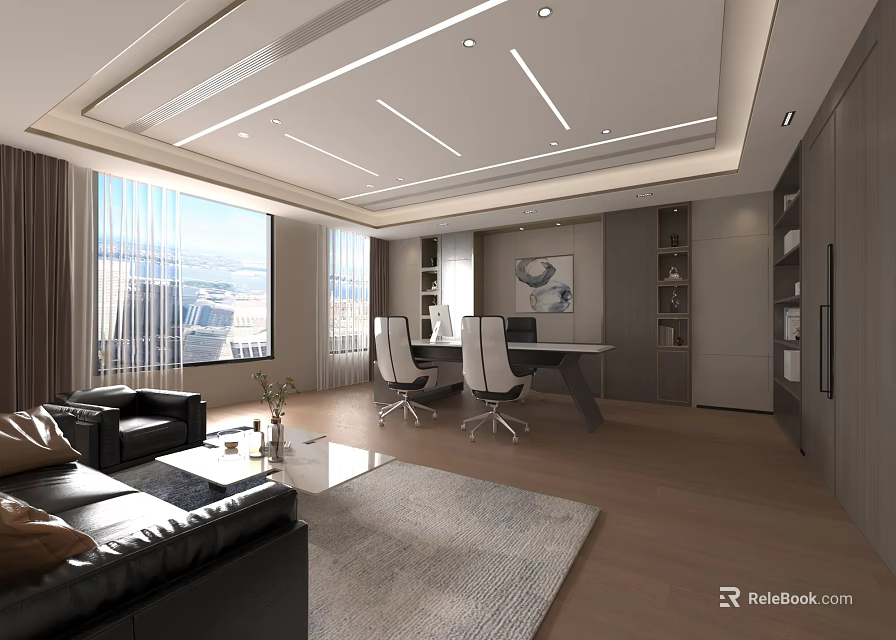 Modern Office Interior With Large Windows Black Leather Sofas White Chairs Desk Shelves And Rug 3d model 