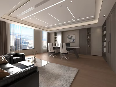 Modern Office Interior With Large Windows Black Leather Sofas White Chairs Desk Shelves And Rug 3d model