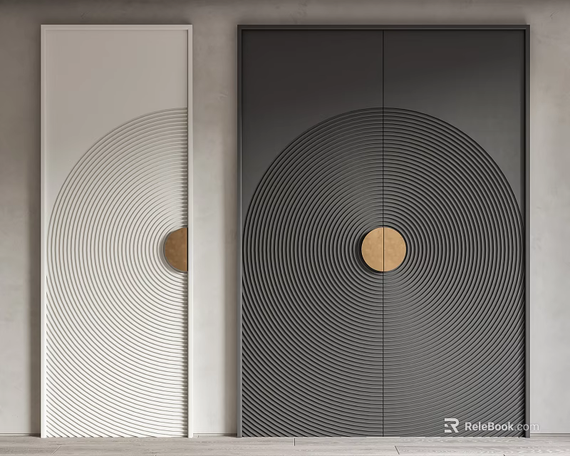 Modern Hinged Doors With White And Black Finish Concentric Circle Pattern And Brass Handle 3d model