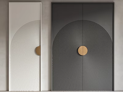 Modern Hinged Doors With White And Black Finish Concentric Circle Pattern And Brass Handle 3d model