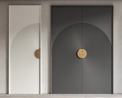Modern Hinged Doors With White And Black Finish Concentric Circle Pattern And Brass Handle 3d model