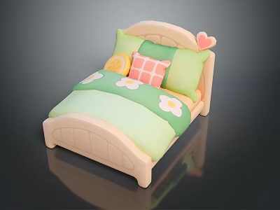 Cute Kids Bed with Wooden Headboard Heart Shaped Decor Green Floral Bedspread and Lemon Pillows 3d model