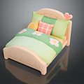 Cute Kids Bed with Wooden Headboard Heart Shaped Decor Green Floral Bedspread and Lemon Pillows